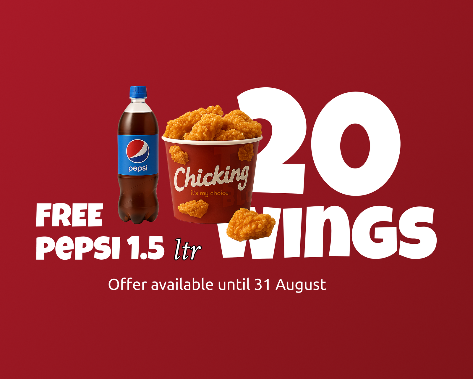 Free 1.5 Ltr Pepsi with 20pcs Hot Wings